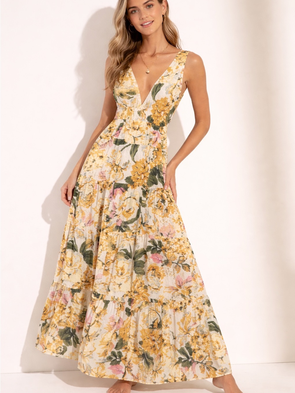 Maaji Size M Tiered Maxi Dress Tropical Floral Print Deep V Neck Rayon
